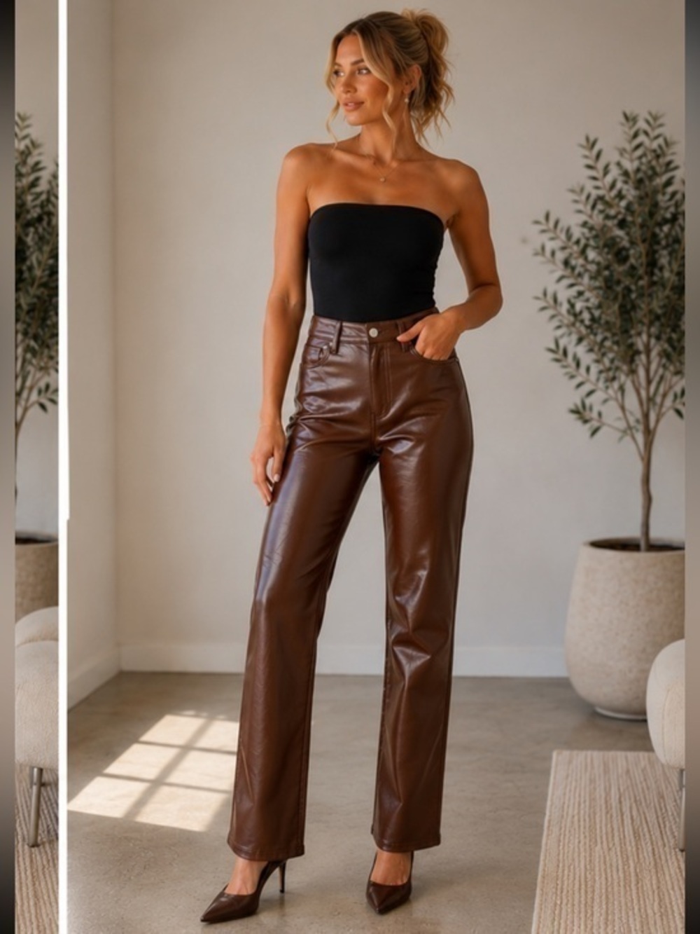 Wilfred Aritzia Brown Faux Leather Straight Leg Pants High Rise Vegan Leather